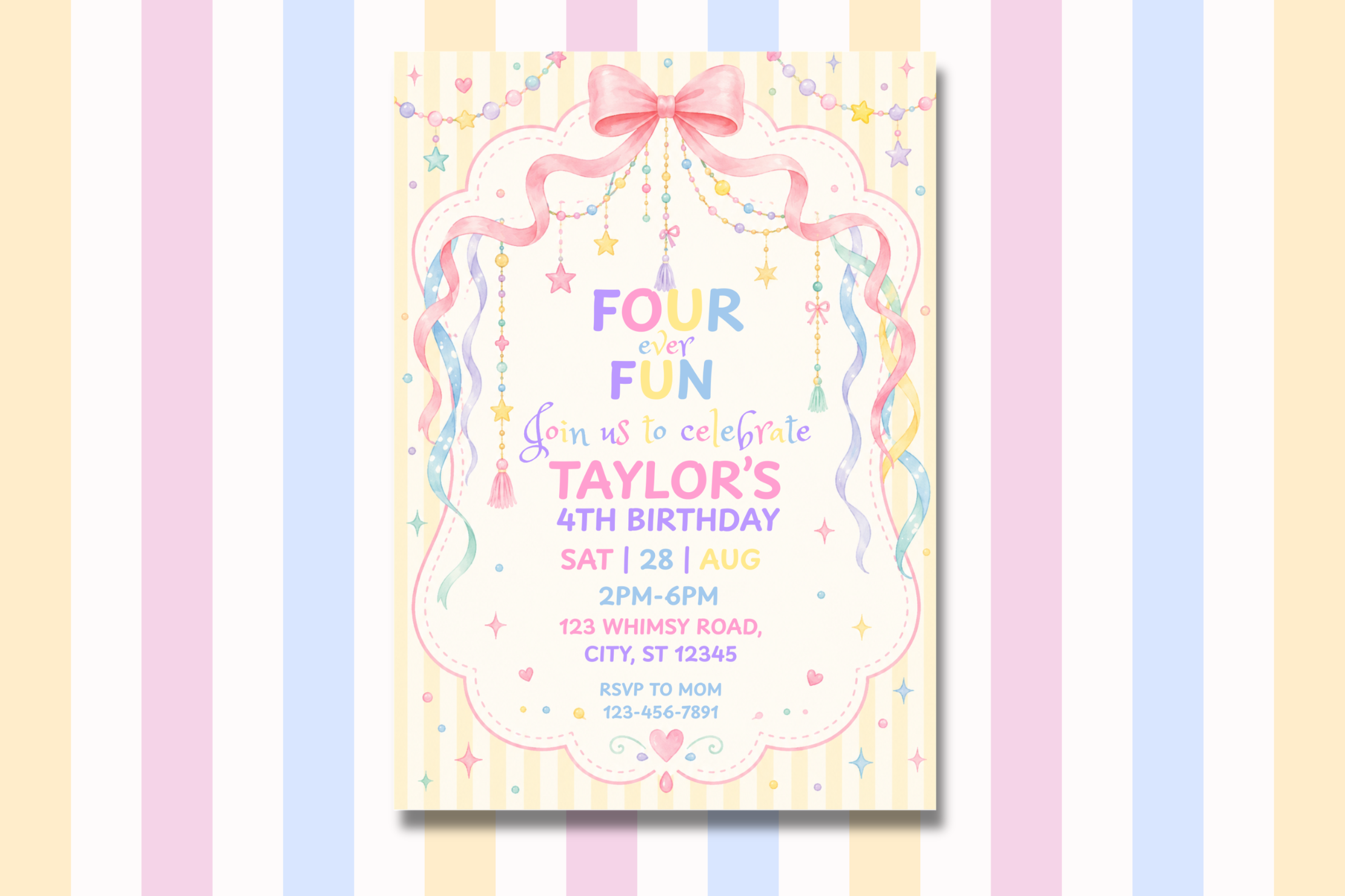 Four Ever Fun 4th Birthday Invitation, Pastel Birthday Invite, Whimsical Fourth Birthday Party, Editable Canva Invitation