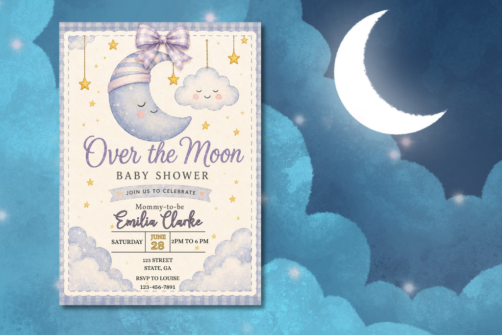 Over the Moon Baby Shower Invitation, Moon and Stars Baby Shower Invite, Celestial Baby Shower, Editable Canva Invitation
