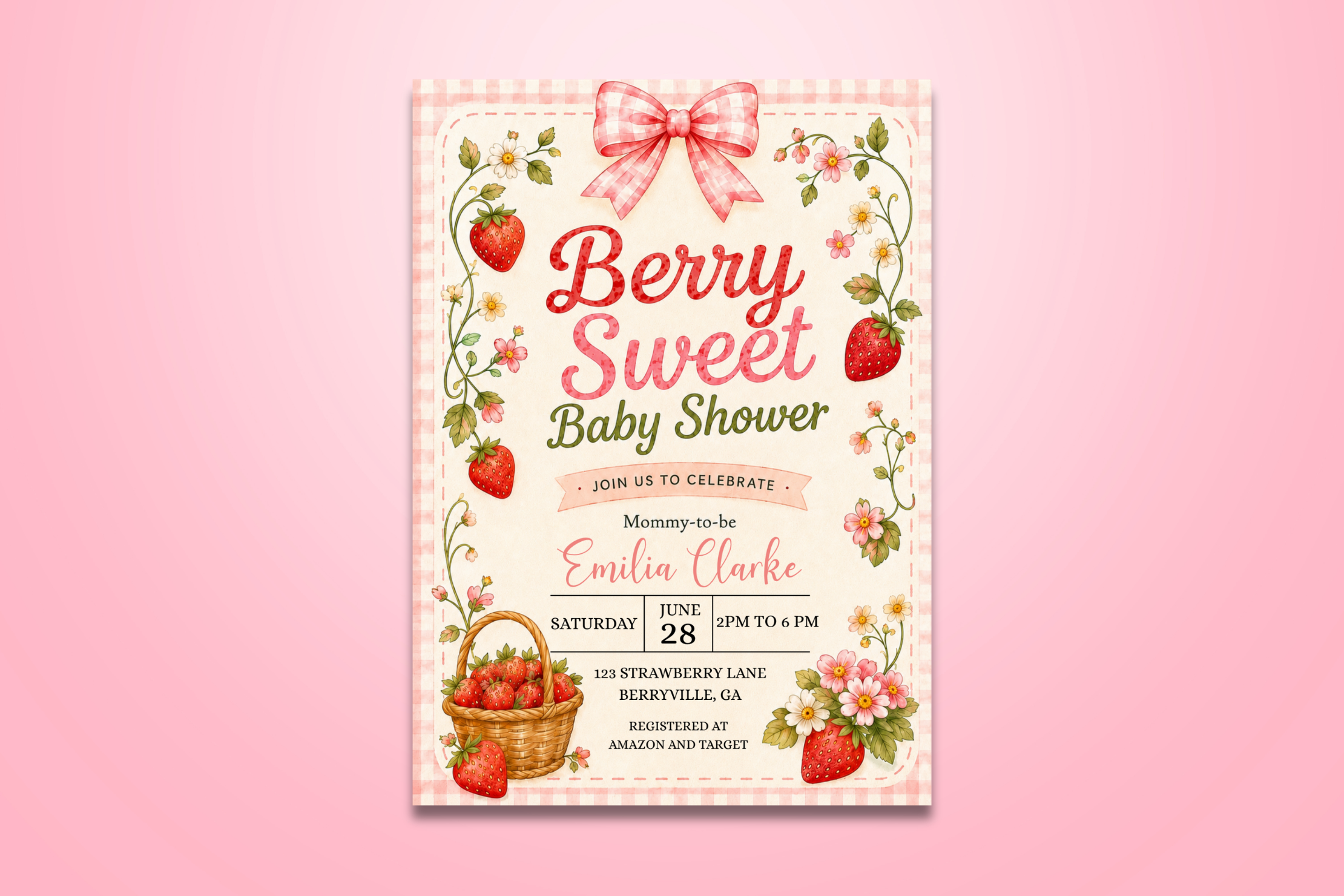 Berry Sweet Baby Shower Invitation, Strawberry Baby Shower Invite, Floral Gingham Baby Shower, Editable Canva Invitation