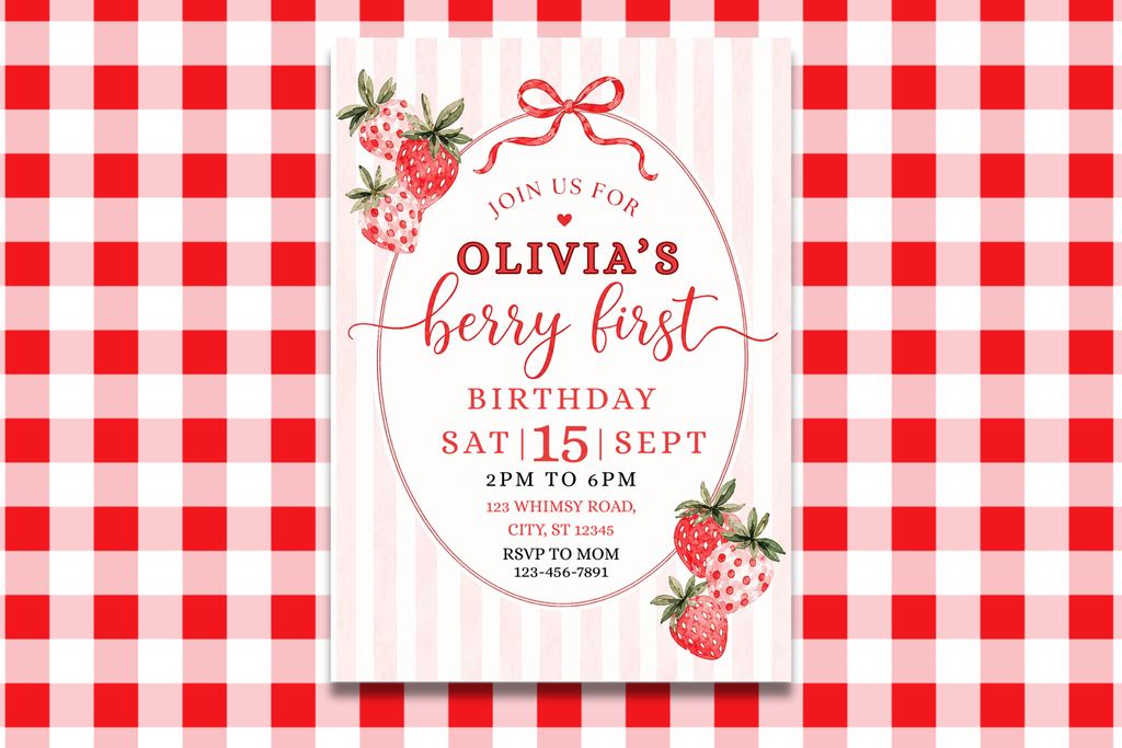 Berry First Birthday Invitation, Strawberry 1st Birthday Invite, Berry Sweet First Birthday, Editable Canva Invitation