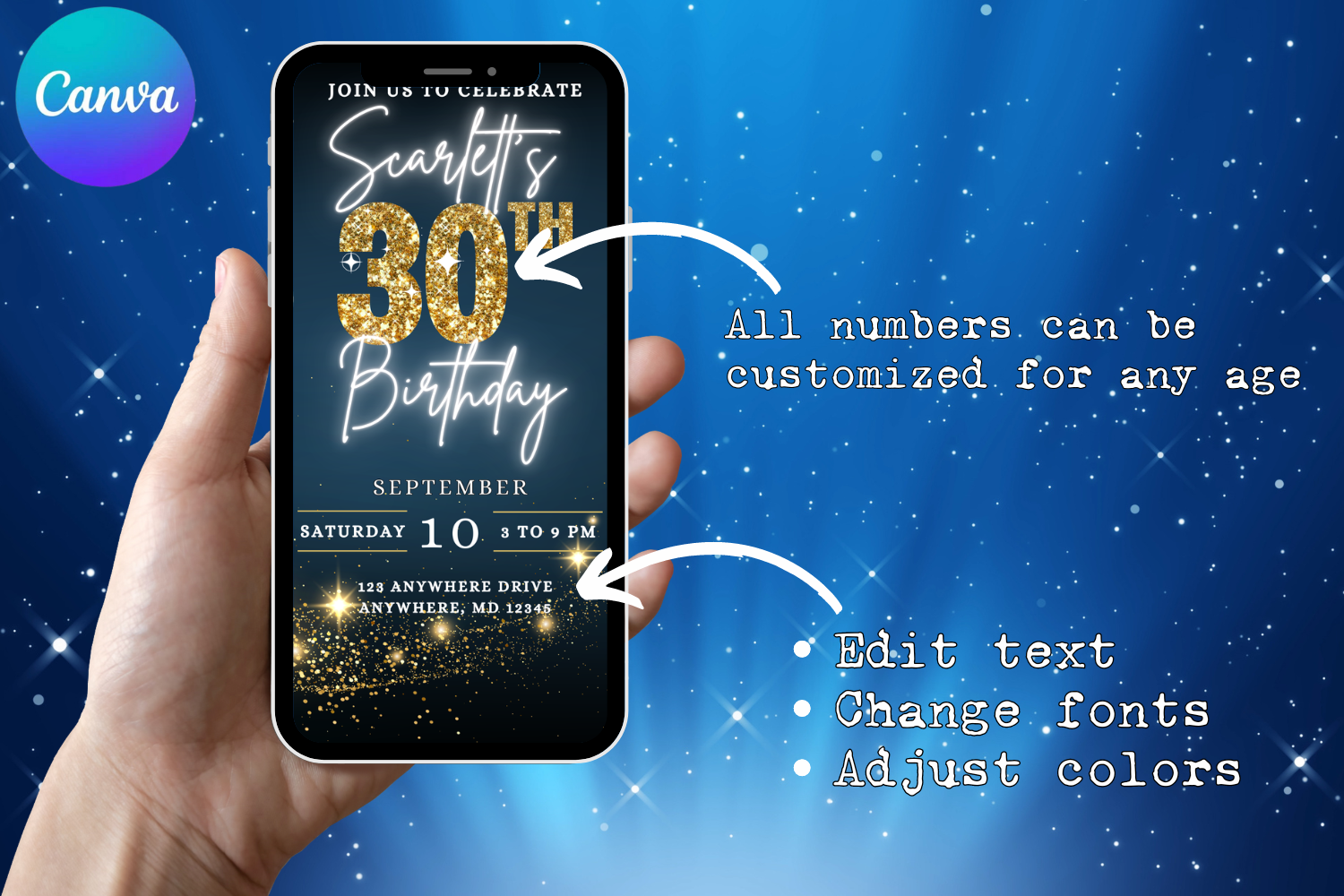 30th Birthday E-Vite Template | Navy & Gold Glitter Editable Canva Invitation