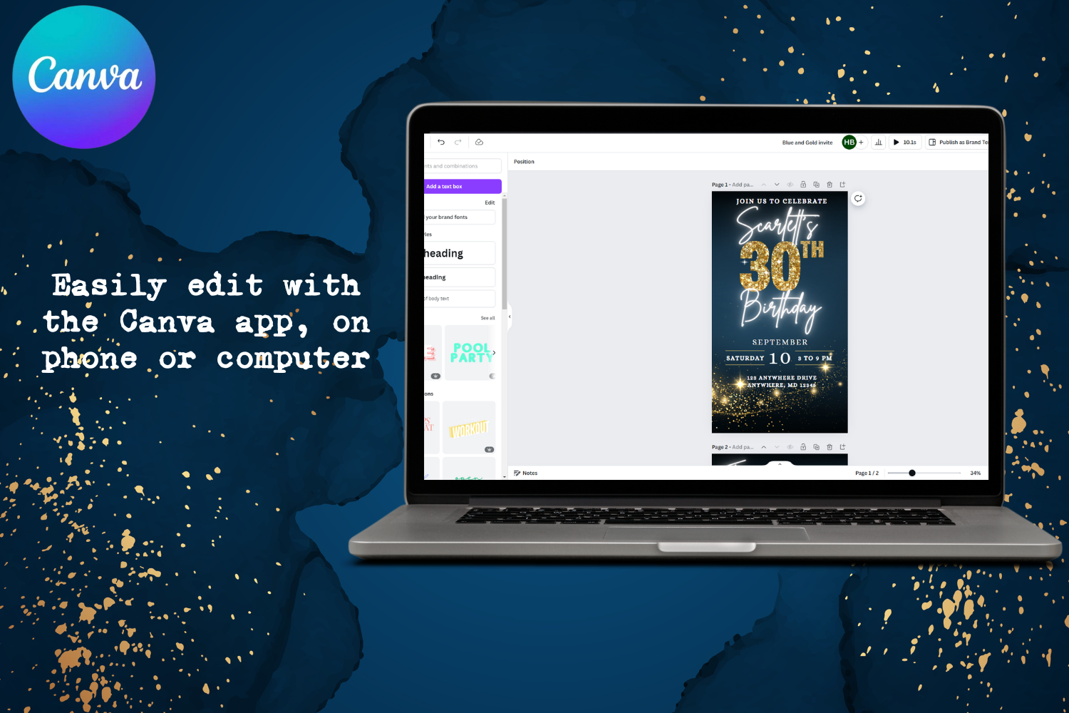 30th Birthday E-Vite Template | Navy & Gold Glitter Editable Canva Invitation