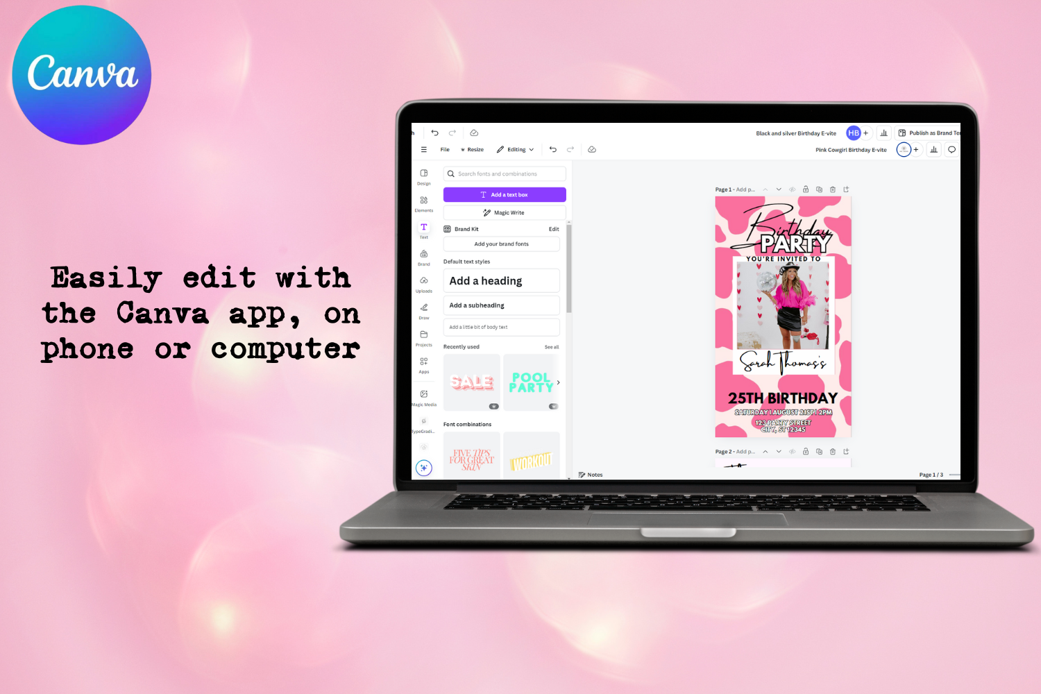 Pink Cowgirl Birthday E-Vite, Western Birthday Invitation, Cow Print Digital Invite, Editable Canva Cowgirl Party Template