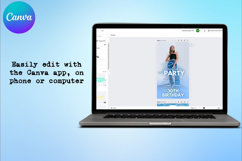 Blue Birthday E-Vite, Photo Birthday Invitation, Dinner & Drinks Party Invite, Editable Canva Digital Birthday Template