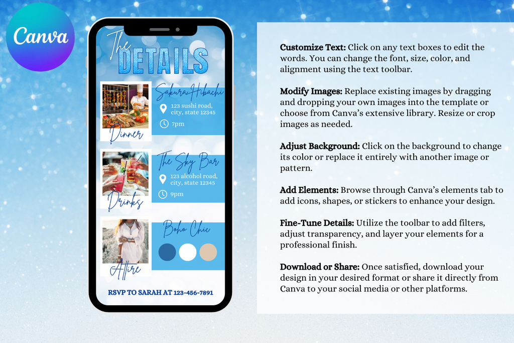 Blue Birthday E-Vite, Photo Birthday Invitation, Dinner & Drinks Party Invite, Editable Canva Digital Birthday Template