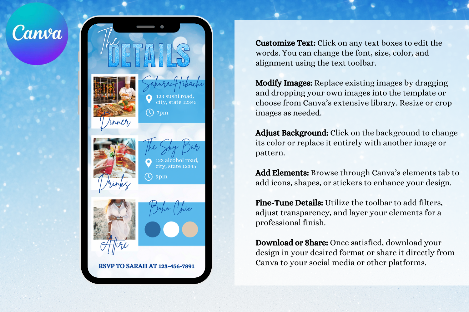 Blue Birthday E-Vite, Photo Birthday Invitation, Dinner & Drinks Party Invite, Editable Canva Digital Birthday Template