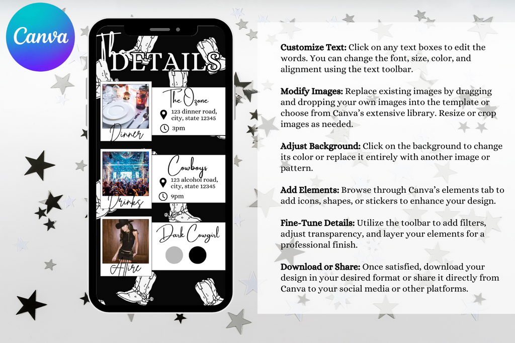 Black & White Cowgirl Birthday E-Vite, Western Birthday Invitation, Cowboy Party Digital Invite, Editable Canva Birthday Template