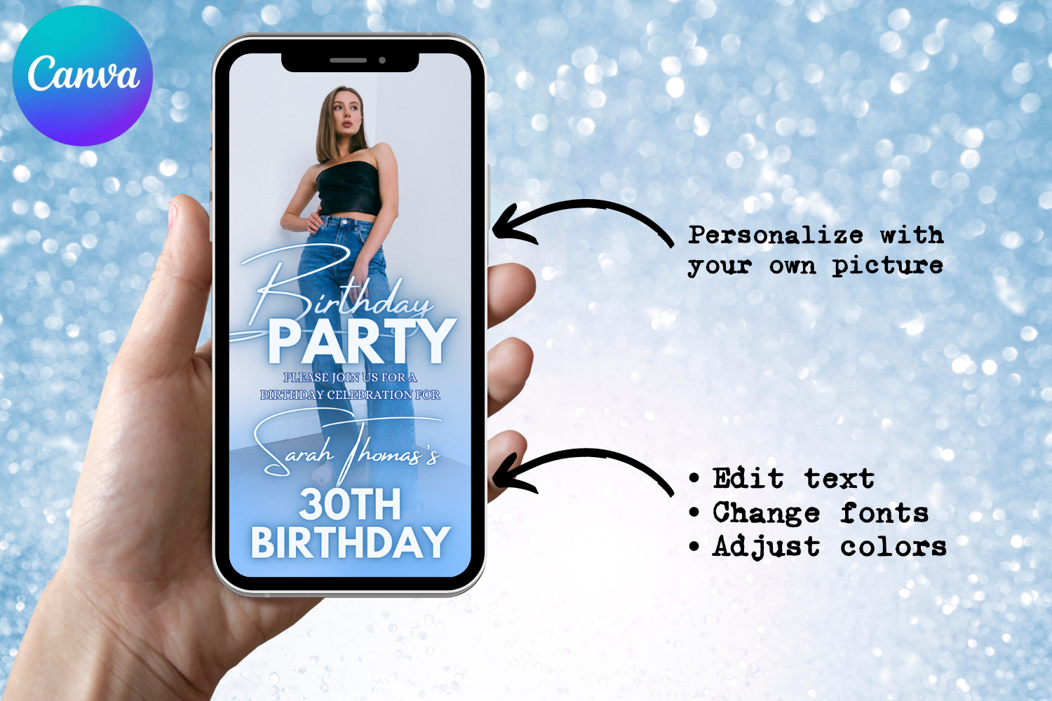 Blue Birthday E-Vite, Photo Birthday Invitation, Dinner & Drinks Party Invite, Editable Canva Digital Birthday Template