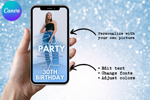 Blue Birthday E-Vite, Photo Birthday Invitation, Dinner & Drinks Party Invite, Editable Canva Digital Birthday Template