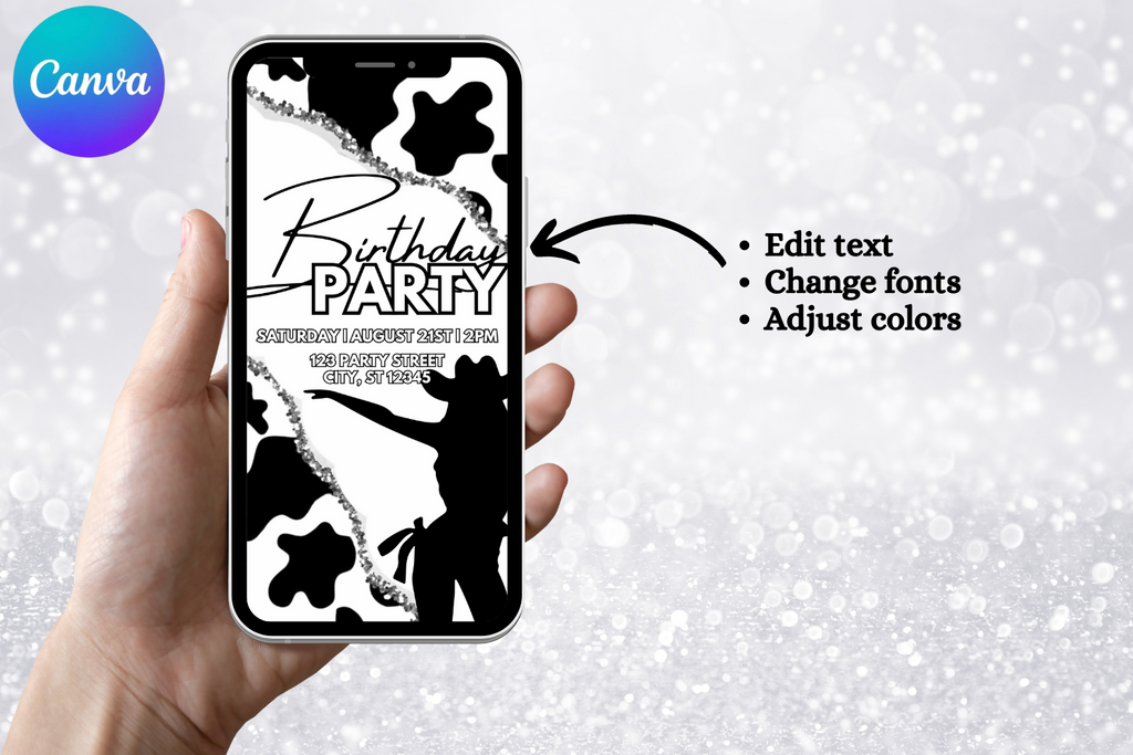 Black & White Cowgirl Birthday E-Vite, Western Birthday Invitation, Cowboy Party Digital Invite, Editable Canva Birthday Template
