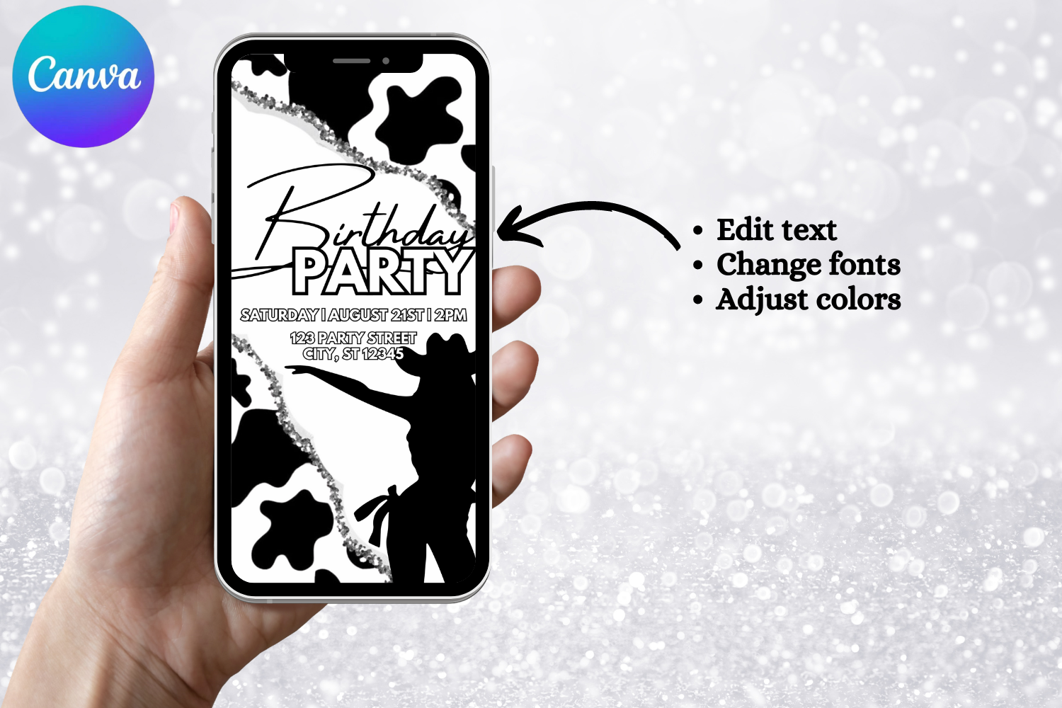 Black & White Cowgirl Birthday E-Vite, Western Birthday Invitation, Cowboy Party Digital Invite, Editable Canva Birthday Template