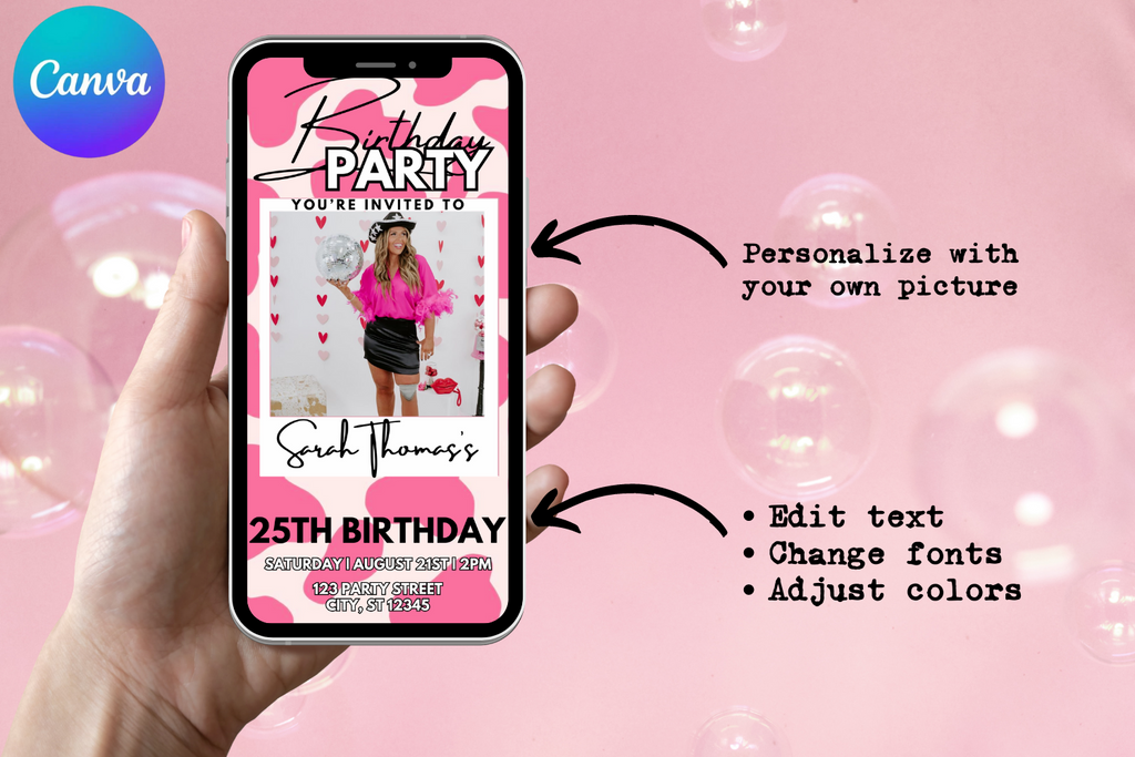 Pink Cowgirl Birthday E-Vite, Western Birthday Invitation, Cow Print Digital Invite, Editable Canva Cowgirl Party Template