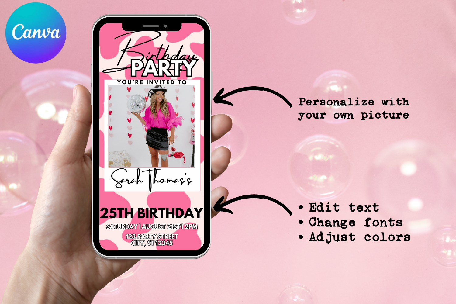 Pink Cowgirl Birthday E-Vite, Western Birthday Invitation, Cow Print Digital Invite, Editable Canva Cowgirl Party Template
