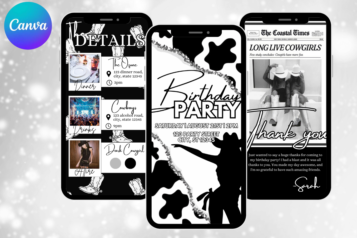 Black & White Cowgirl Birthday E-Vite, Western Birthday Invitation, Cowboy Party Digital Invite, Editable Canva Birthday Template