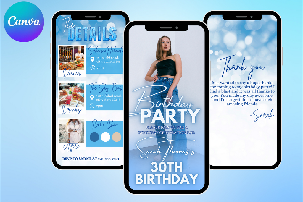 Blue Birthday E-Vite, Photo Birthday Invitation, Dinner & Drinks Party Invite, Editable Canva Digital Birthday Template