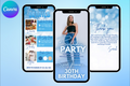 Blue Birthday E-Vite, Photo Birthday Invitation, Dinner & Drinks Party Invite, Editable Canva Digital Birthday Template