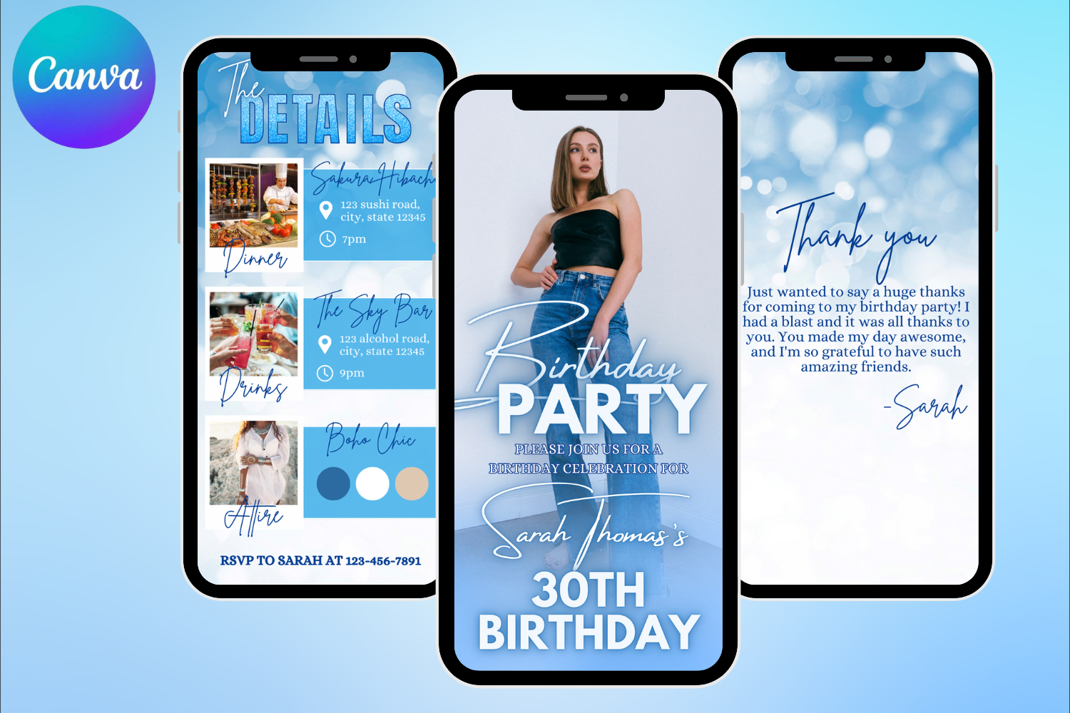 Blue Birthday E-Vite, Photo Birthday Invitation, Dinner & Drinks Party Invite, Editable Canva Digital Birthday Template