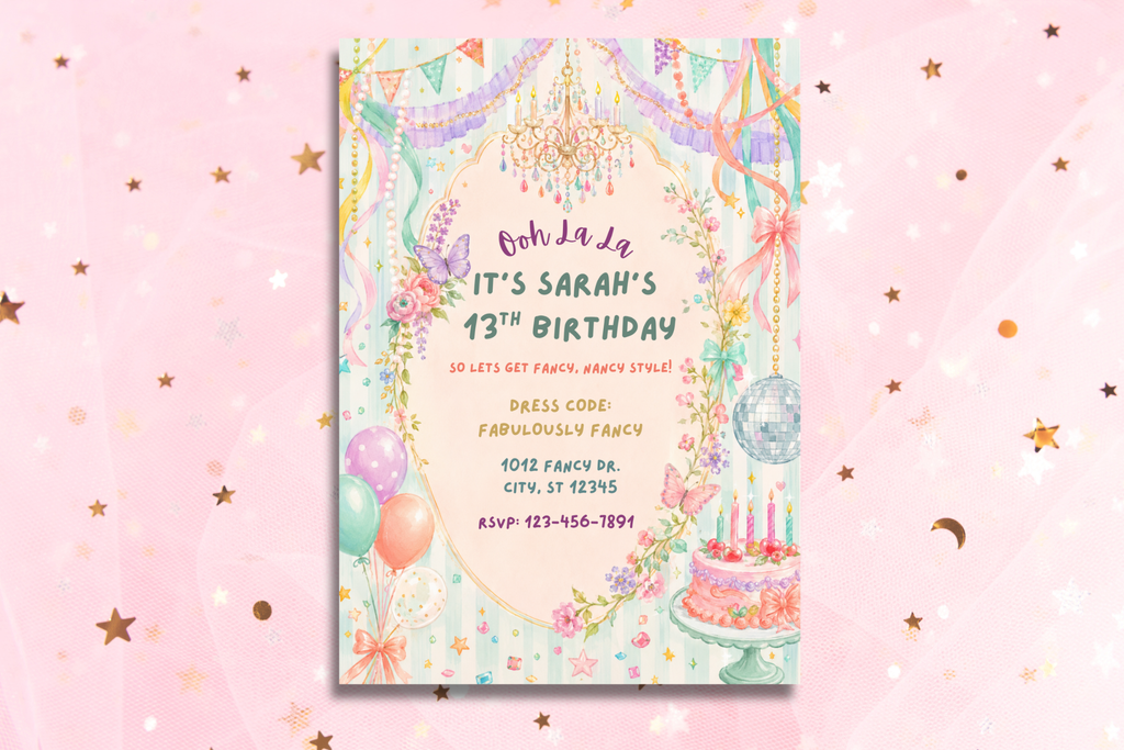 A pastel-themed birthday invitation card for Sarah's 13th birthday, featuring a whimsical fairy tale castle, balloons, and a cake illustration, displayed against a pink background with gold stars.
