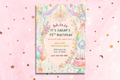 A pastel-themed birthday invitation card for Sarah's 13th birthday, featuring a whimsical fairy tale castle, balloons, and a cake illustration, displayed against a pink background with gold stars.