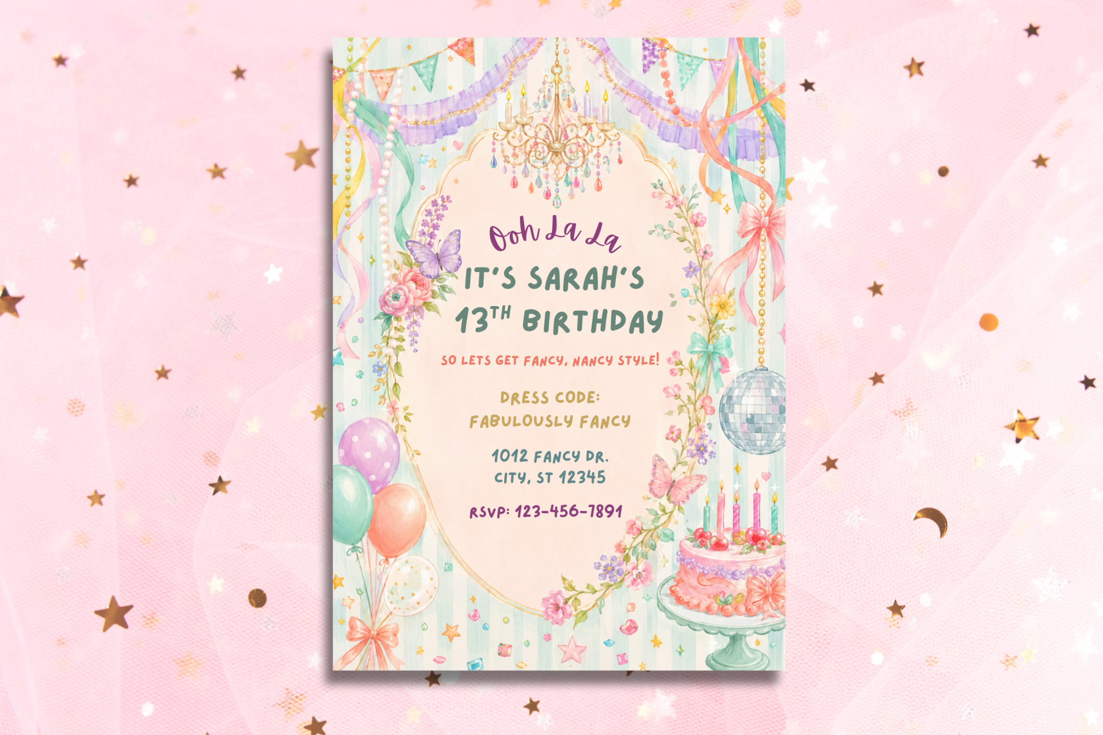 A pastel-themed birthday invitation card for Sarah's 13th birthday, featuring a whimsical fairy tale castle, balloons, and a cake illustration, displayed against a pink background with gold stars.