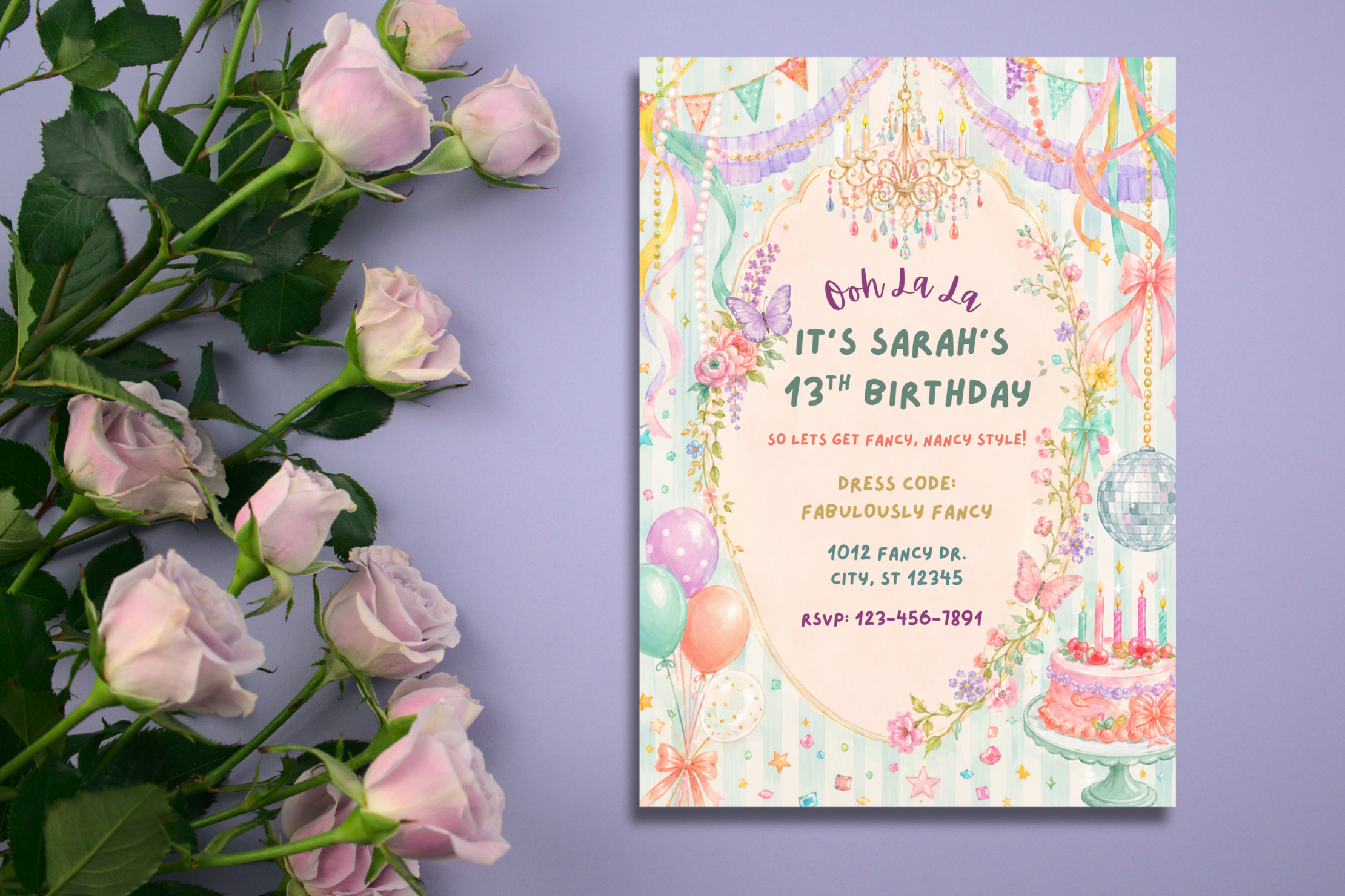 A pastel birthday invitation card styled on a lavender background with pink roses on the left. The invitation features a whimsical party illustration with balloons, bunting, a disco ball, and a birthday cake.