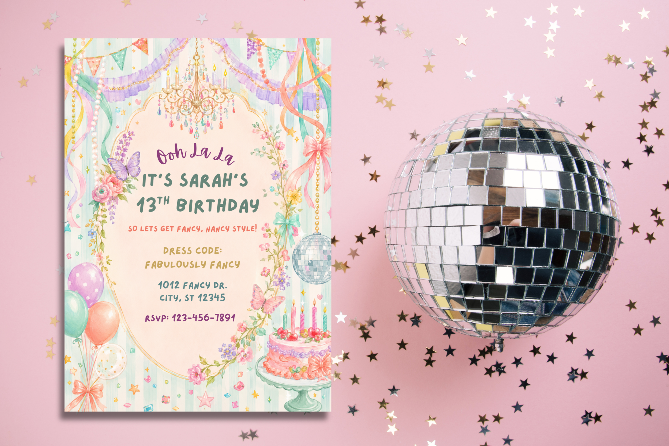 A pastel party invitation card with a whimsical disco-themed design, shown next to a reflective silver disco ball and scattered star confetti on a pink background.