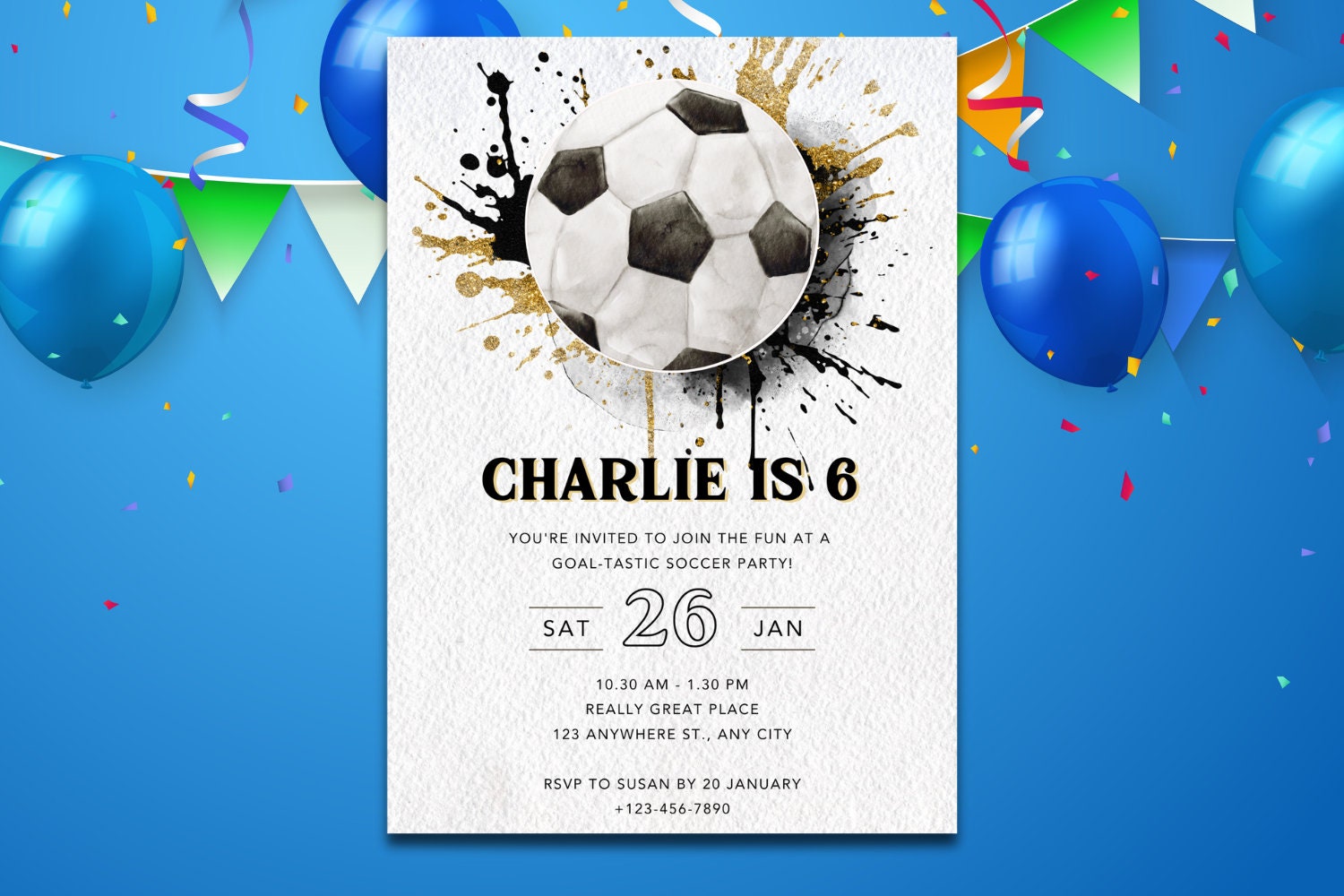 Editable Soccer Birthday Invitation Template, Printable Birthday Party Invitations, Digital Kids Party Invite, 5x7, Canva