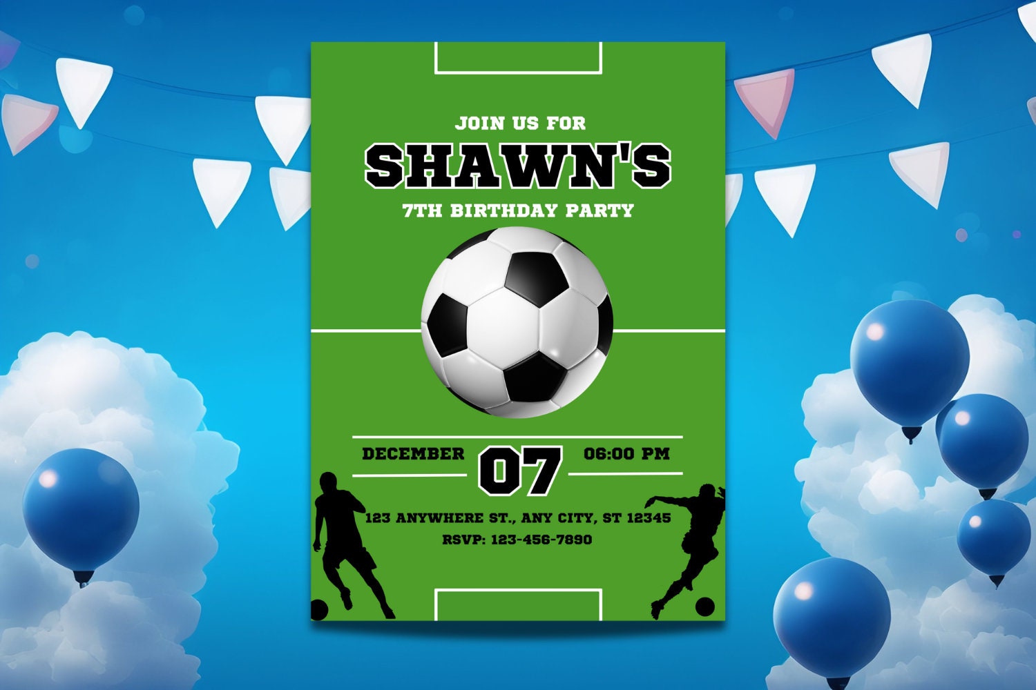 Editable Soccer Birthday Invitation Template, Printable Birthday Party Invitations, Digital Kids Party Invite, 5x7, Canva