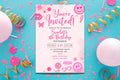 Editable Preppy Let's Celebrate Smile Face Birthday Invitation Template, Patches Party Invite, Instant Download, Digital, Pink Party Invite