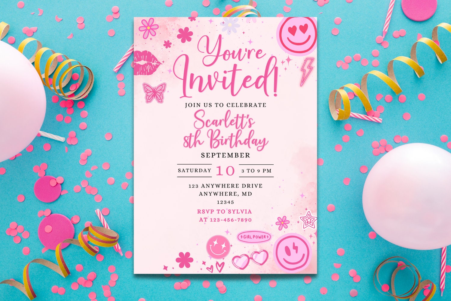 Editable Preppy Let's Celebrate Smile Face Birthday Invitation Template, Patches Party Invite, Instant Download, Digital, Pink Party Invite