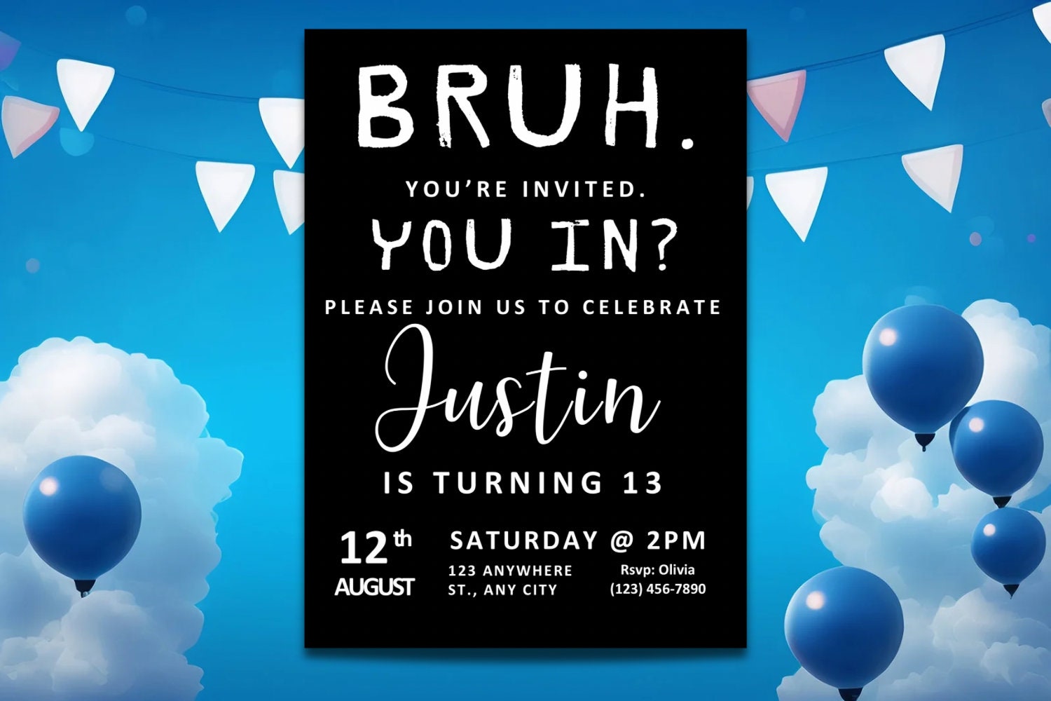 Bruh Birthday Invitation, Boy Teen Birthday Party Invitation, Bruh It's My Birthday Invite, Teenager Birthday, Editable Canva Template