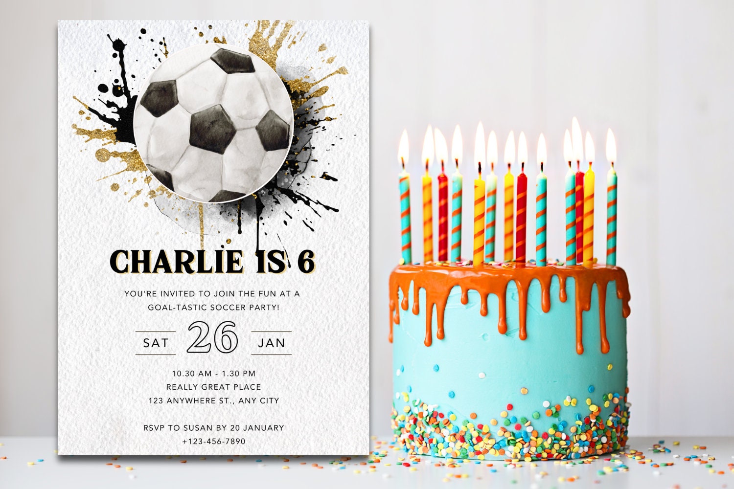 Editable Soccer Birthday Invitation Template, Printable Birthday Party Invitations, Digital Kids Party Invite, 5x7, Canva