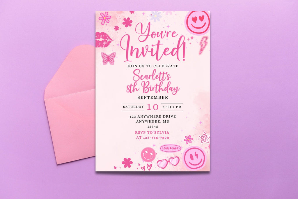 Editable Preppy Let's Celebrate Smile Face Birthday Invitation Template, Patches Party Invite, Instant Download, Digital, Pink Party Invite