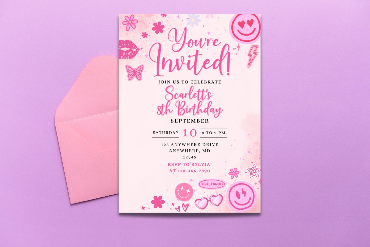 Editable Preppy Let's Celebrate Smile Face Birthday Invitation Template, Patches Party Invite, Instant Download, Digital, Pink Party Invite