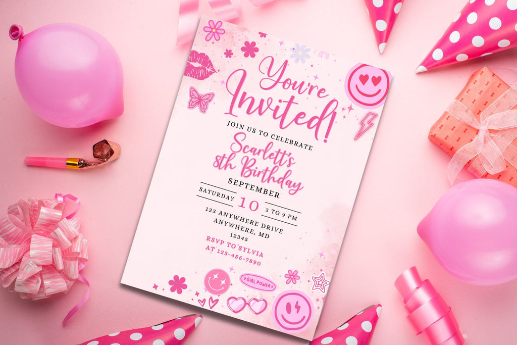Editable Preppy Let's Celebrate Smile Face Birthday Invitation Template, Patches Party Invite, Instant Download, Digital, Pink Party Invite
