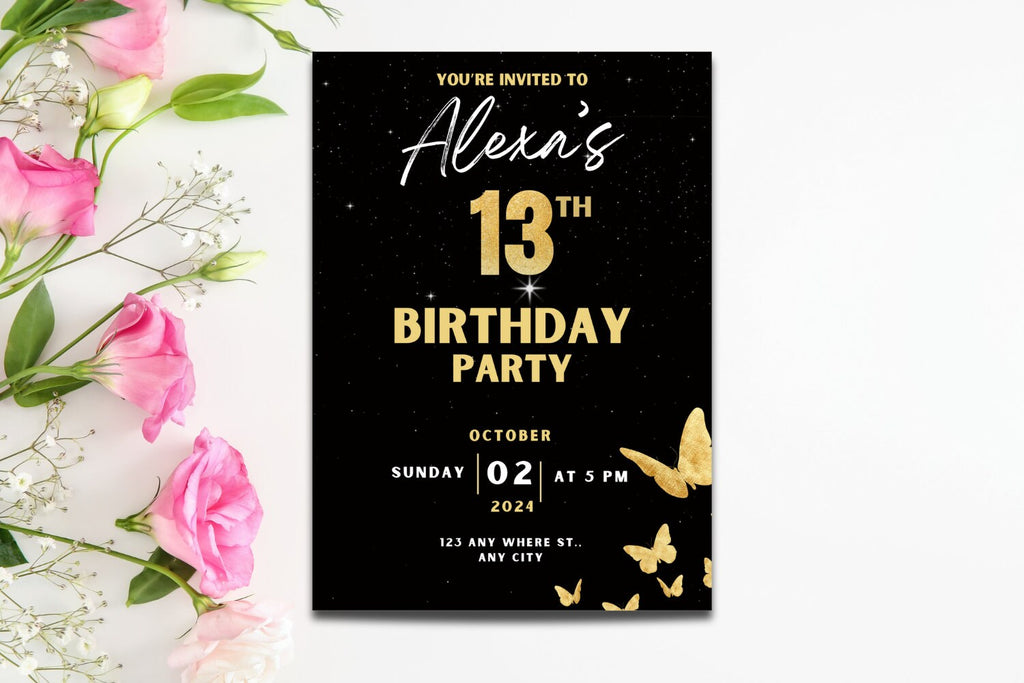 Butterfly Birthday Invitation, Birthday Invite, Gold Butterfly Birthday Invitation, Gold Butterfly Party, Teen Birthday Girl