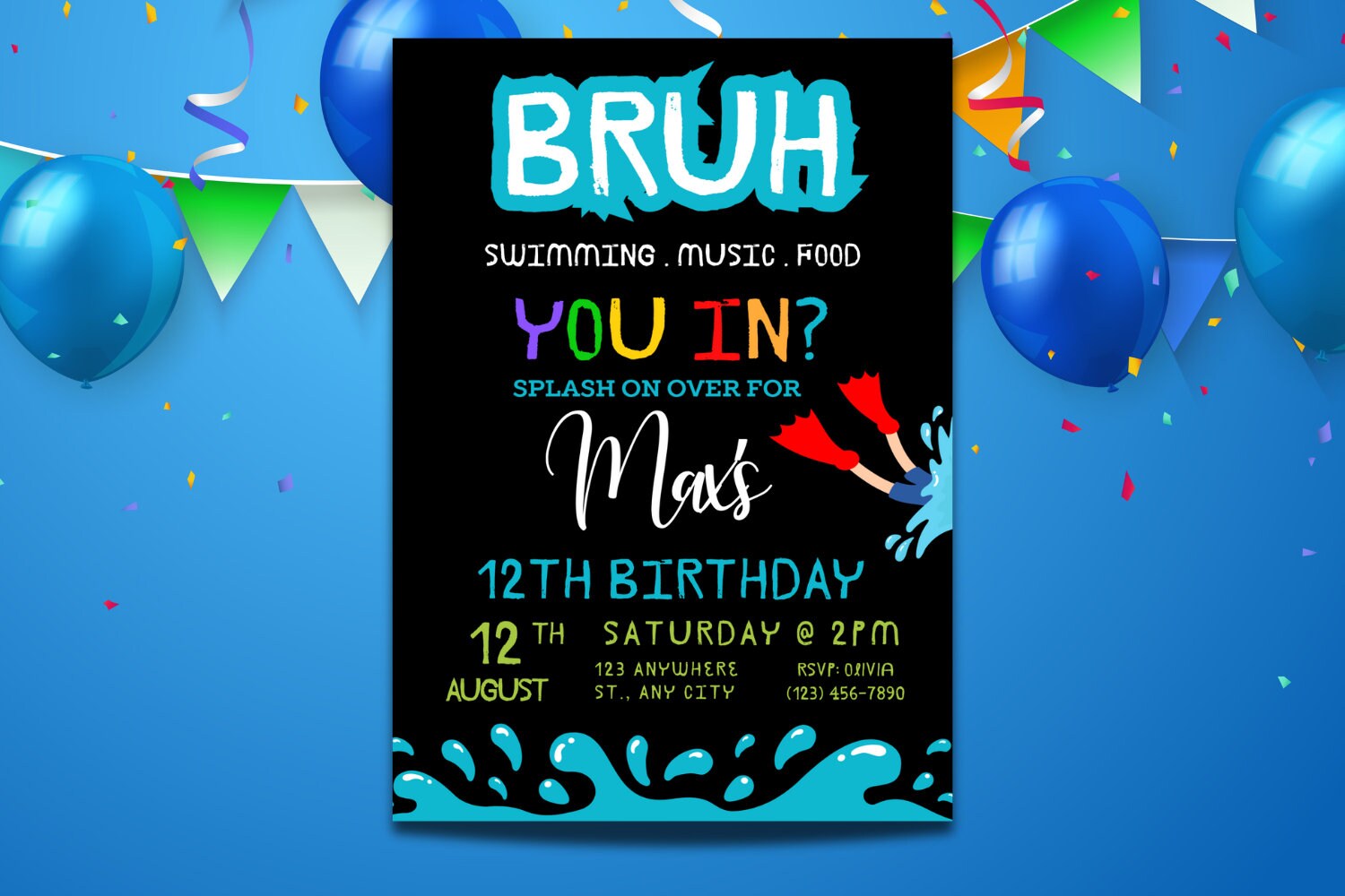 Bruh Birthday Invitation, Boy Pool Birthday Party Invitation, Bruh It's My Birthday Invite, Teenager Birthday, Editable Canva Template