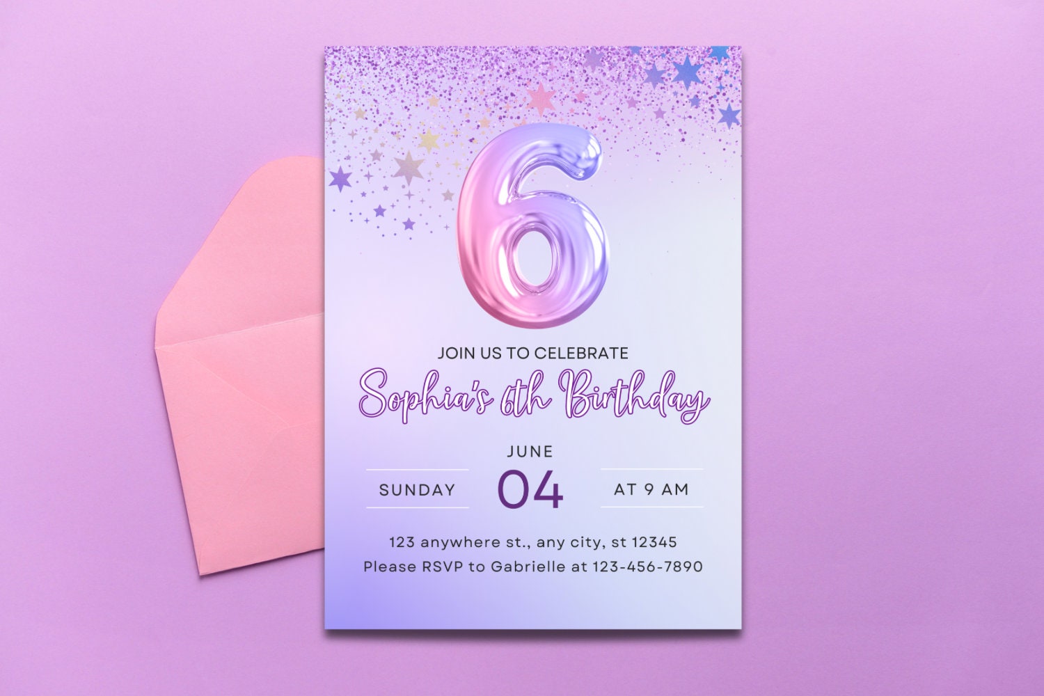 Editable Purple 6th Birthday Invitation Glitter Birthday Party Invite Rainbow Foil Girl Sixth Birthday Instant Download Digital