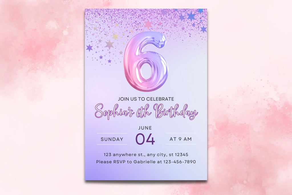 Editable Purple 6th Birthday Invitation Glitter Birthday Party Invite Rainbow Foil Girl Sixth Birthday Instant Download Digital