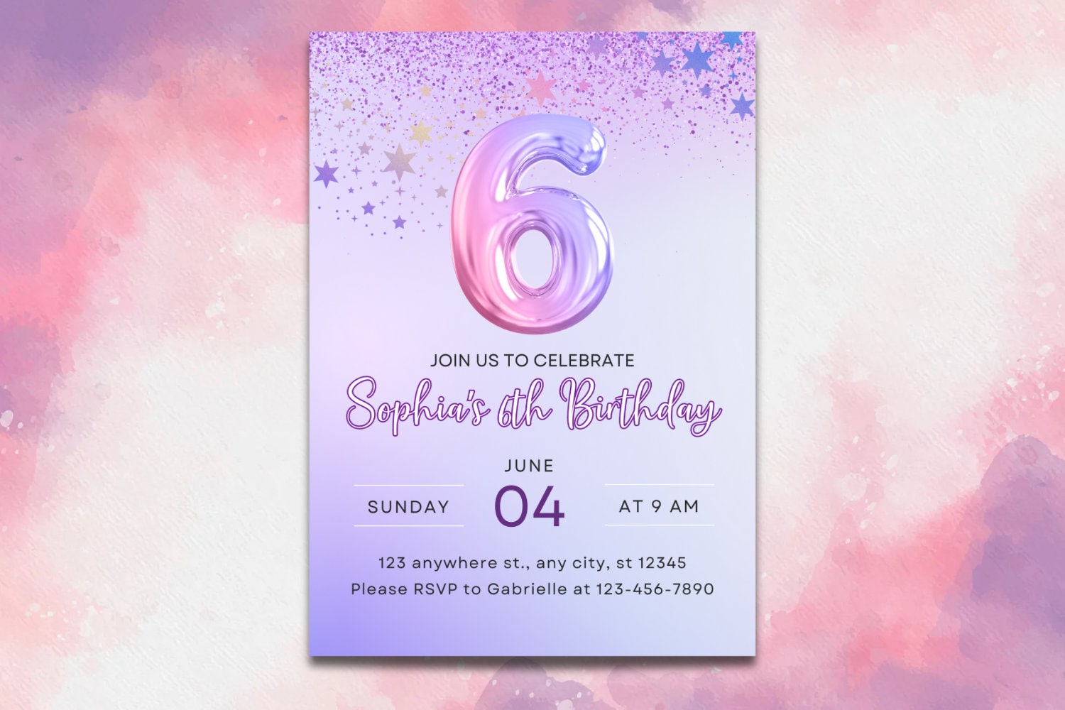 Editable Purple 6th Birthday Invitation Glitter Birthday Party Invite Rainbow Foil Girl Sixth Birthday Instant Download Digital