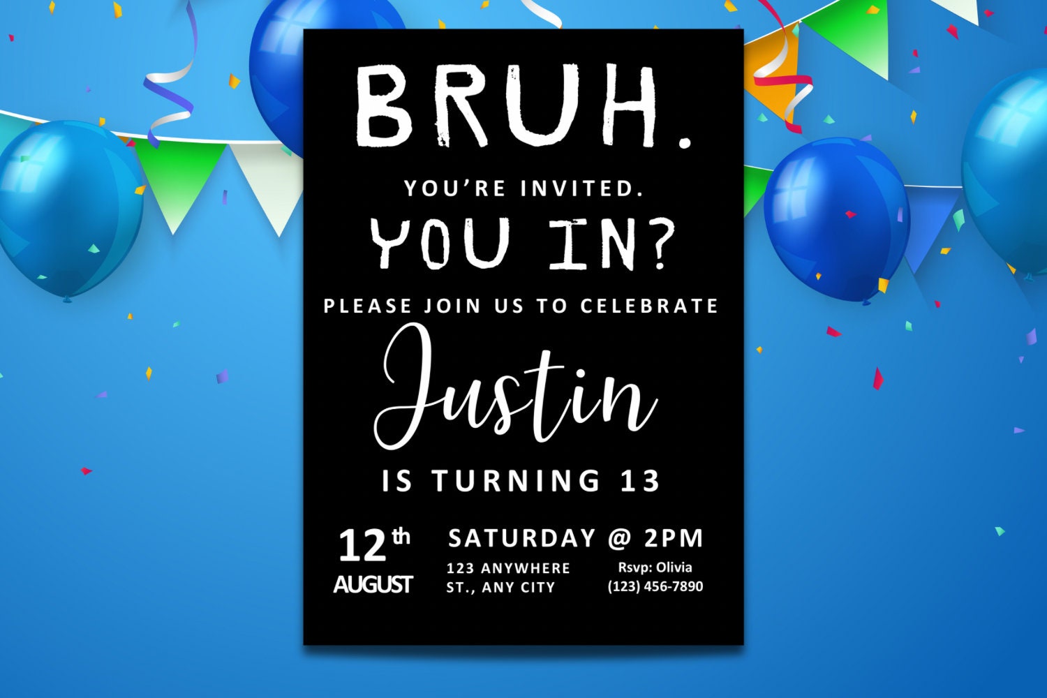 Bruh Birthday Invitation, Boy Teen Birthday Party Invitation, Bruh It's My Birthday Invite, Teenager Birthday, Editable Canva Template