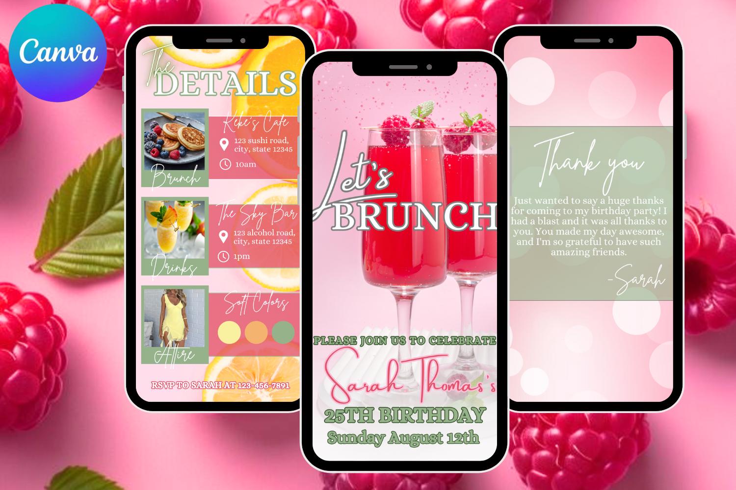 Berry Brunch Birthday E-Vite, Raspberry Brunch Invitation, Pink Birthday Brunch Canva Template, Editable Digital Birthday Invite