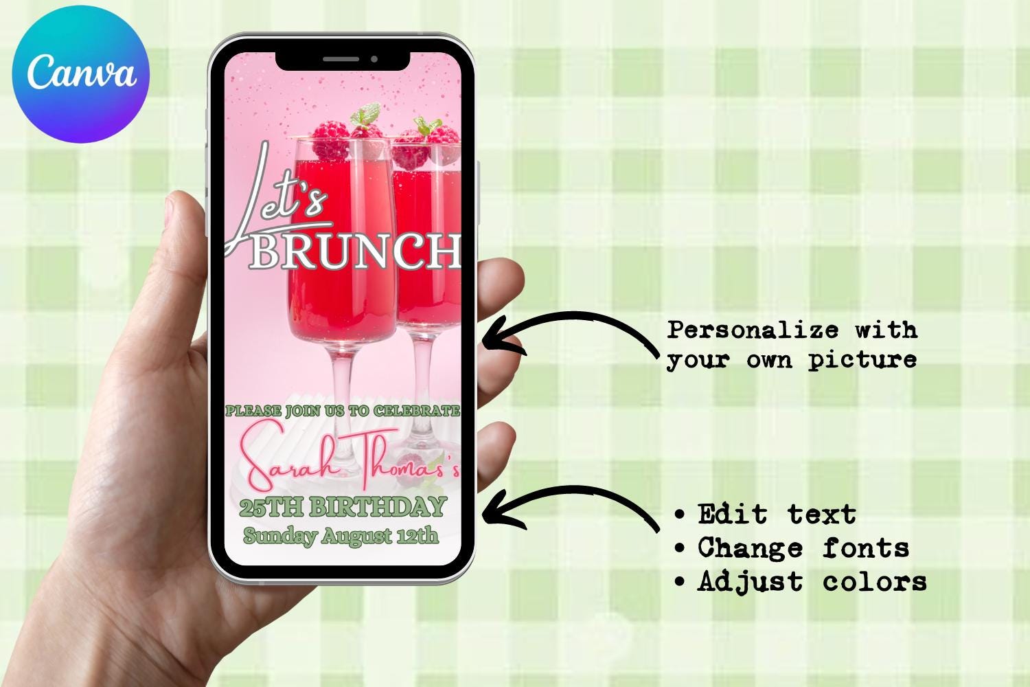 Berry Brunch Birthday E-Vite, Raspberry Brunch Invitation, Pink Birthday Brunch Canva Template, Editable Digital Birthday Invite