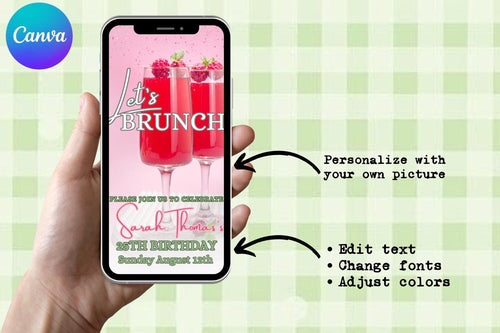 Berry Brunch Birthday E-Vite, Raspberry Brunch Invitation, Pink Birthday Brunch Canva Template, Editable Digital Birthday Invite