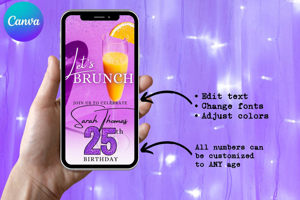 Purple & Orange Brunch Birthday E-Vite, Let’s Brunch Digital Birthday Invitation, Editable Canva Party Invite, Citrus Birthday Template