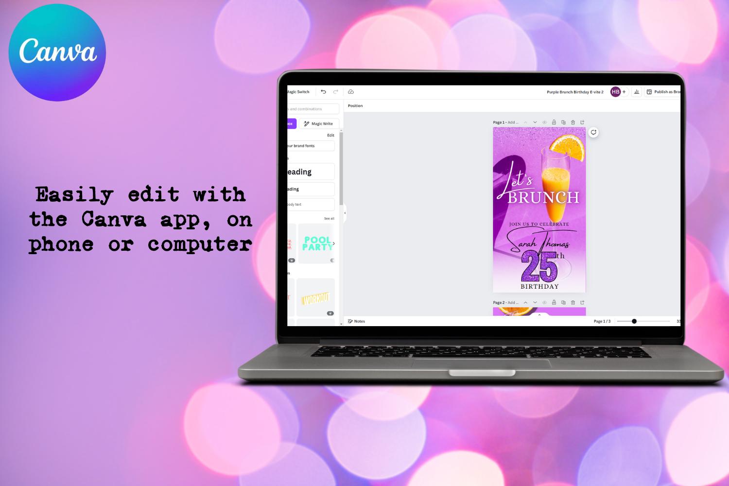 Purple & Orange Brunch Birthday E-Vite, Let’s Brunch Digital Birthday Invitation, Editable Canva Party Invite, Citrus Birthday Template