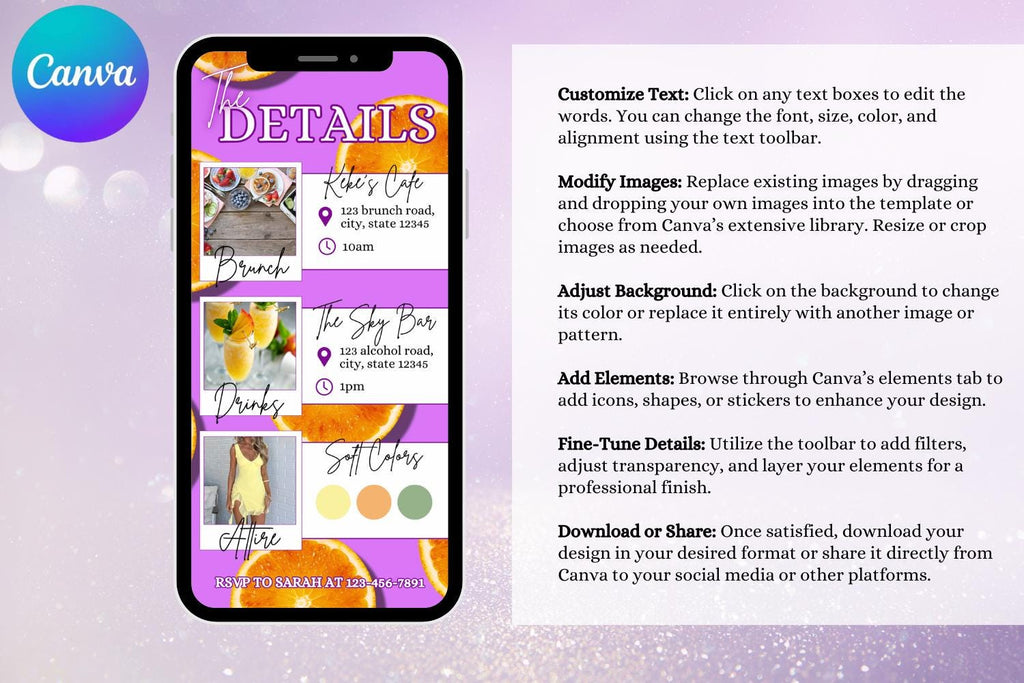 Purple & Orange Brunch Birthday E-Vite, Let’s Brunch Digital Birthday Invitation, Editable Canva Party Invite, Citrus Birthday Template