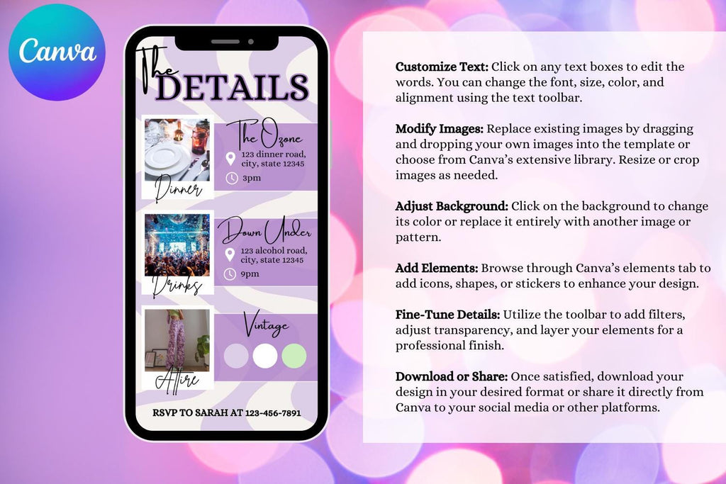 Purple Retro Birthday E-Vite, Digital Birthday Invitation, Dinner & Drinks Party Invite, Editable Canva Birthday Template