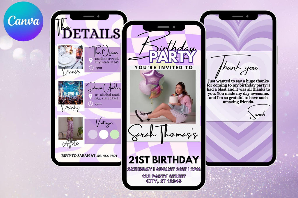 Purple Retro Birthday E-Vite, Digital Birthday Invitation, Dinner & Drinks Party Invite, Editable Canva Birthday Template