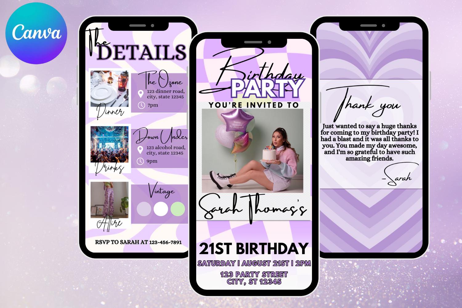 Purple Retro Birthday E-Vite, Digital Birthday Invitation, Dinner & Drinks Party Invite, Editable Canva Birthday Template